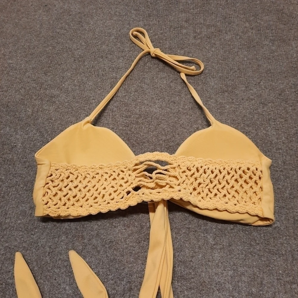 Frankie's Bikinis Multi Tie Swim Top Yellow Crochet Women's Small